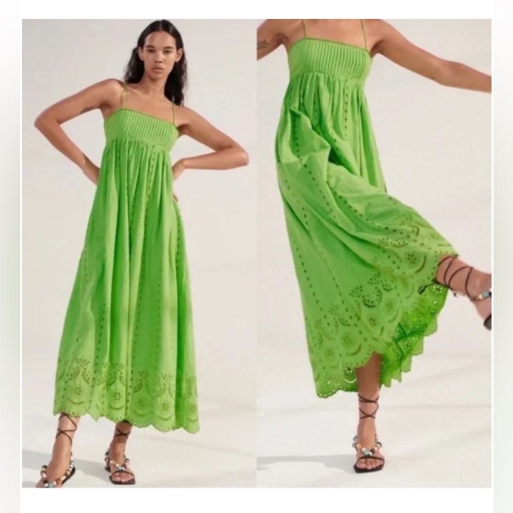 Zara Lime Green Eyelet Embroidered Maxi Dress